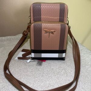Brown Crossbody Bag with Dragonfly Detail- Cellphone Purse Wallet NWT